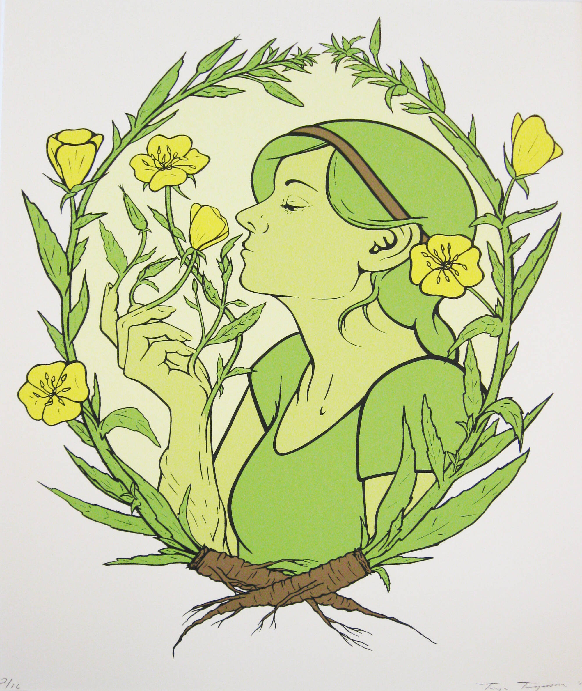 Print of a young woman smelling flowers with a frame of flowers and carrots with greens. All in shades of yellow-green.